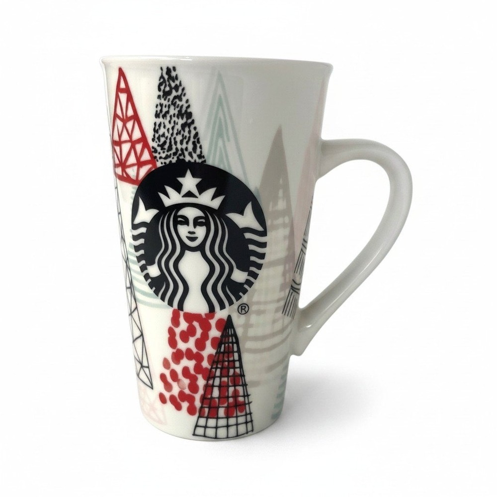 Starbucks 16oz Holiday Coffee Mug Geometric Christmas Trees Siren Logo Ceramic